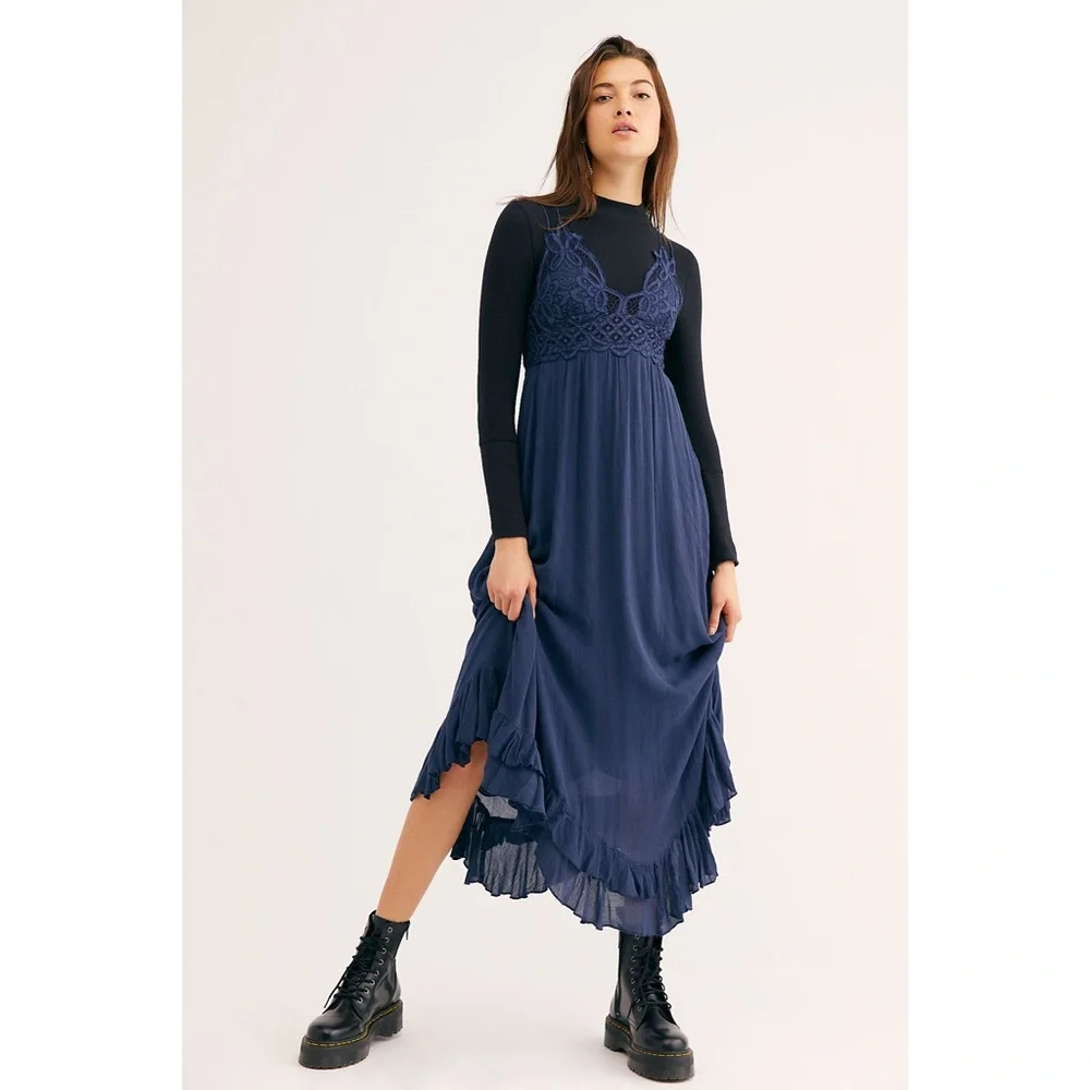 Free People Navy Blue Lace-Top Maxi Dress - Picture 2 of 12